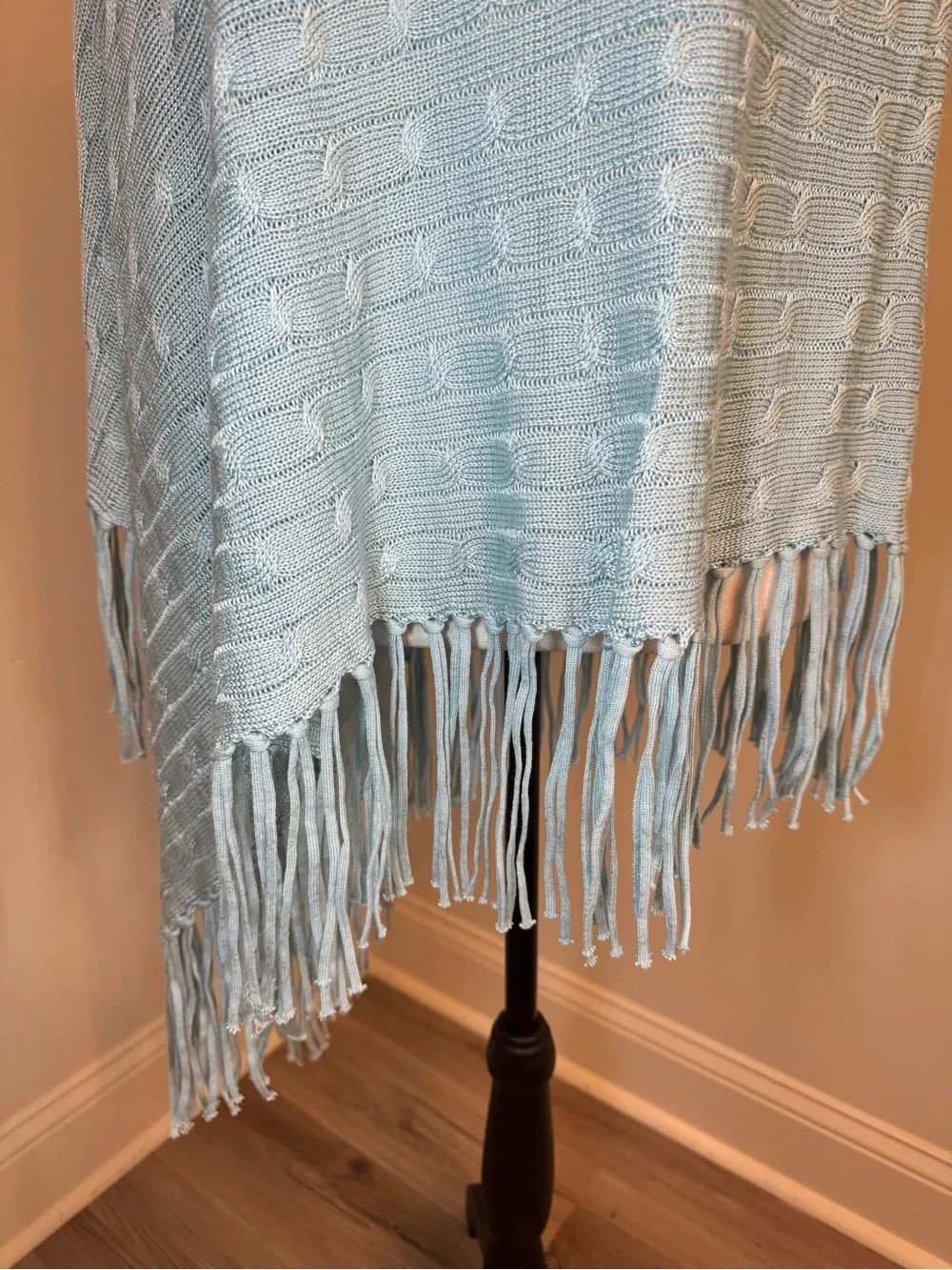 Light Blue Knit Fringe Poncho Wrap - Casual Layering Scarf